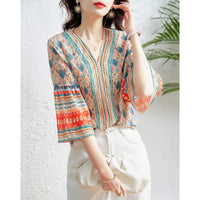 V-neck Loose Flare Three-quarter Sleeve Blouse Women's Top