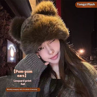 Leopard Pattern Bear Ear Thick Windproof Warm Fisherman Hat