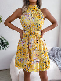 Women   Elegant Tie Waist Ruffle Hem Flowy Floral Print Dress