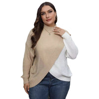 Contrast-color Patchwork Crossover Woven Sweater Mock-neck Pullover