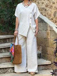 Striped Short-sleeve Shirt And Loose-fitting Pants Two-piece Set
