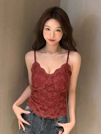 French-style Demure Lace-lined Velvet Camisole For Women