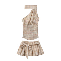 Stylish Plaid Halter-Neck Cami With Lace-Up A-Line Culotte Set