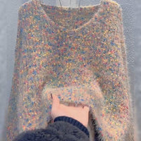 Women's V-neck Pullover Short Colorful Polka Dot Sweater