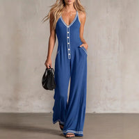 Womens V-Neck Casual Loose Backless Wide-Leg Jumpsuit