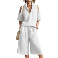 Womens Short-Sleeve Shirt And Shorts Loose Pants Two-Piece Set