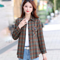 Autumn Plaid Shirt Women's Cotton Long-sleeved Brushed Vintage Coat