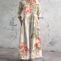 Womens 3D Floral Print Mid-Length Sleeve Dress With Patterned Background