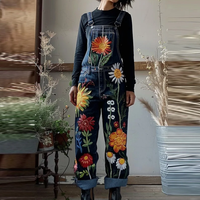 Art Oil Painting Plant Floral Print Jeans Jumpsuit