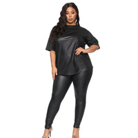 Solid Color Leather Short Sleeve Fashion Slim Pants Casual Suit