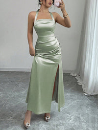 Neck-hanging Backless High-waisted Silk Slip Dress With A Slit And No Sleeves