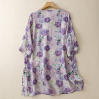 Womens Cotton-Linen Printed Shirt Loose  Mid-Length New Chinese-Style Top For Women