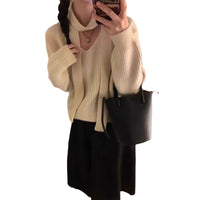 Womens Solid-Color Loose V-Neck Long-Sleeve Sweater With Ribbons
