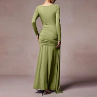 Womens Round-Neck Long-Sleeve Pleated Green Sheath Dress