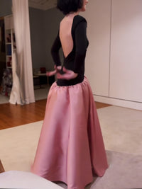 Black Knit Backless  Satin Ball Gown Maxi Dress