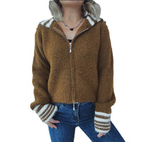 Simple Contrast Color Large Lapel Zipper Knitted Cardigan Loose Casual Sweater