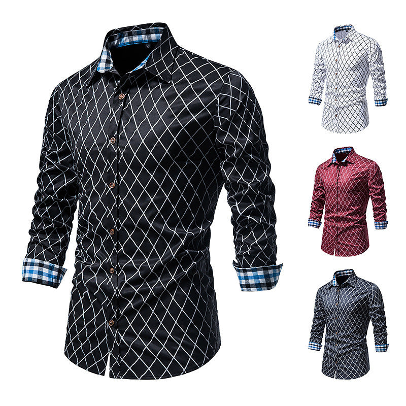 New Fashion Contrast Color Men's Long-sleeved Diamond Check Button Shirt