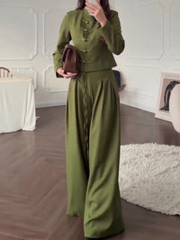 Mandarin Collar Knot Crop Top & Drawstring Wide Leg Pants 2-Piece Set