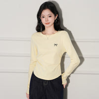 Regular Shoulder Round Neck Pleated Embroidery Long Sleeve Base Shirt
