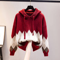 European And American-style Hooded Sweater Loose-fit Diamond-patterned Base Knit Top