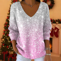 Womens 3D Digital-Print Drop-Shoulder V-Neck Long-Sleeve Pullover Top