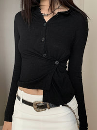 Casual Asymmetrical Button-up Lapel Long-sleeve Top
