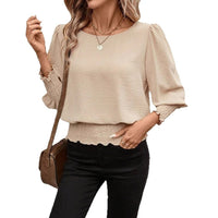 Loose Plus Size Crew Neck Solid Color Smocking Shirt Lantern Sleeve