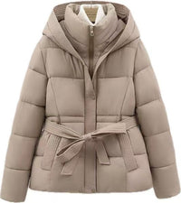 Women's Short Waist-cinching Slim-fit Hooded Tie-front Warm Coat