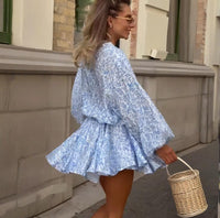 Womens Wear Floral Print Single-Breasted Lace-Up Slim-Fit Short Skirt Dress