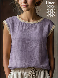 Loose Solid-Color Crew-Neck Lace Sleeveless Cotton-Linen Shirt