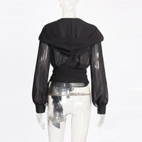 Cross V-neck Lace-up Waist-controlled Mesh See-through Hooded Top