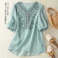 Vintage Embroidered V-Neck Blouse With Three-Quarter Sleeves For Women