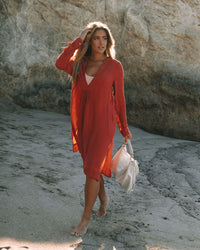 Influencer-style Long-sleeve Long Shirt Dress With Side Pockets