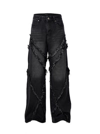 Burrs Tassels Patchwork Design Wide Leg Jeans