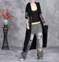 Retro Artistic Knitted Cardigan Woven Flower Long Hooded Overknee Sweater Coat