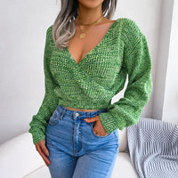 Women Colorful Cross V-Neck Lantern Sleeve Cropped Sweater