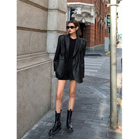Women's Black Pu Suit Leather Coat