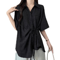 Slim-fit Trendy Mid-length Irregular Tie-waist Short-sleeve Shirt