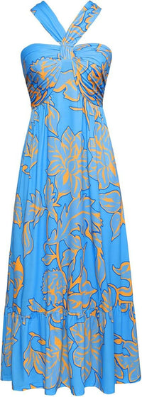 Cross-strap Halterneck Sleeveless Floral Maxi Dress