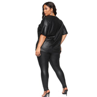 Solid Color Leather Short Sleeve Fashion Slim Pants Casual Suit
