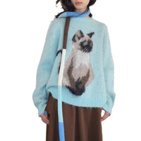 Contrast Color Pullover Cute Cat Brocade Sweater Female