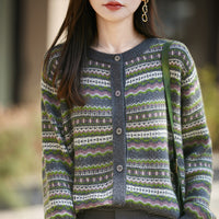 Womens Retro Jacquard Crew-Neck Long-Sleeve Sweater