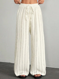 Textured Striped Wide-Leg Pants For Women, Elastic Waist Drawstring Casual Floor-Length Pants