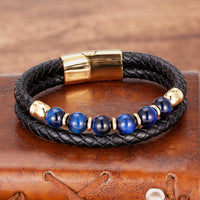 Stainless Steel Jewelry Tigers Eye Bead Double-strand Braided Leather Cord Bracelet