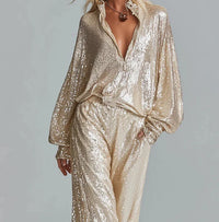 Party-Style Oversized Wide-Leg Champagne Gold Sequin Two-Piece Set
