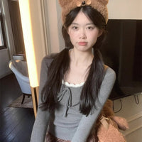 Women's Slim-fit Lace Up Bow U-neck Bottoming Shirt Top