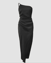 European And American-style Solid-color One-shoulder Pleated Slit Dress