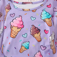 Girls' Purple Ice Cream Cone Small Love Cool Printed Short Sleeve Shorts Suit