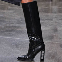 Square Toe Hollow-out Chunky Heel Cowhide Commuter Long Fashion Boots