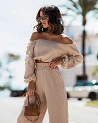 Short-sleeve Off-shoulder Top And Straight-leg Trousers Set